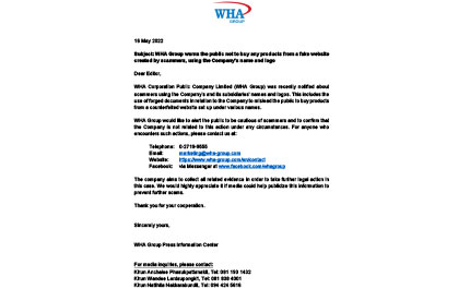 WHA Group warns the public not to buy any products from a fake website created by scammers, using the Company’s name and logo