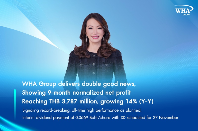 WHA Group delivers double good news, showing 9-month normalized net profit reaching THB 3,787 million, growing 14% (Y-Y), signaling record-breaking, all-time high performance as planned; Interim dividend payment of 0.0669 Baht/share with XD scheduled for 27 November